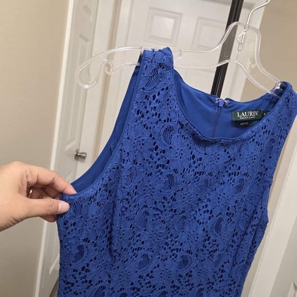 Lauren Ralph Lauren Blue Lace Dress Sleeveless Cotton Blend Sheath Midi Elegant - Picture 4 of 8